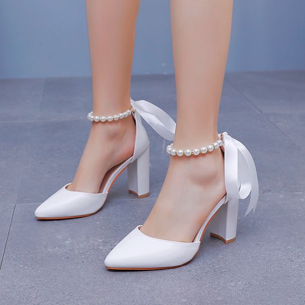 Women’s Shoes 7cm thick heel pointed toe sandals strappy shallow mouth women's sandals white beaded wedding bridal high heels large size shoes_vogvips.com