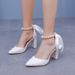 Women’s Shoes 7cm thick heel pointed toe sandals strappy shallow mouth women's sandals white beaded wedding bridal high heels large size shoes_vogvips.com
