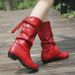 New Trendy Round Toe Low Chunky Heel Ribbon Leather Women's Plus Size Mid-Calf Short Boots_vogvips.com