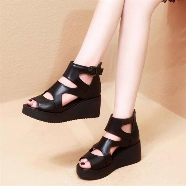 Sandals Women's High Heels Muffin Thick-soled Cool Boots Wedge Heel Fish Mouth Women's Shoes Hollow Roman Shoes_vogvips.com