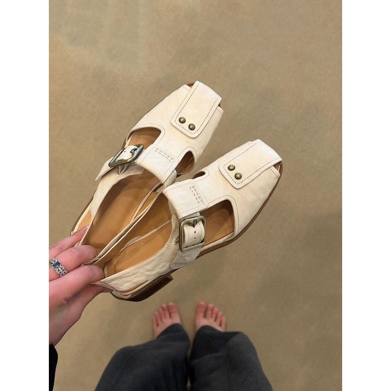 French Resort Style Roman For Women With Belt Buckle, Hollowed-out Low-heeled Genuine Leather Sandals_vogvips.com