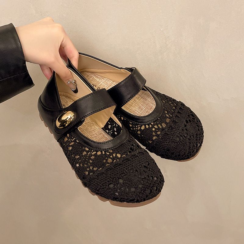 Thick-soled Inner Height-increasing Single Shoes Women's Woven One-pedal Velcro Mary Jane Shoes With Skirts Casual Shoes_vogvips.com