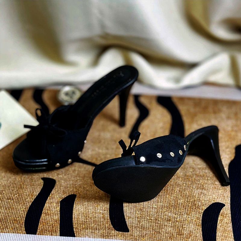 New Fashion Versatile One-strap Leopard Print Bowknot Sandals Women's Outdoor French High Heels_vogvips.com