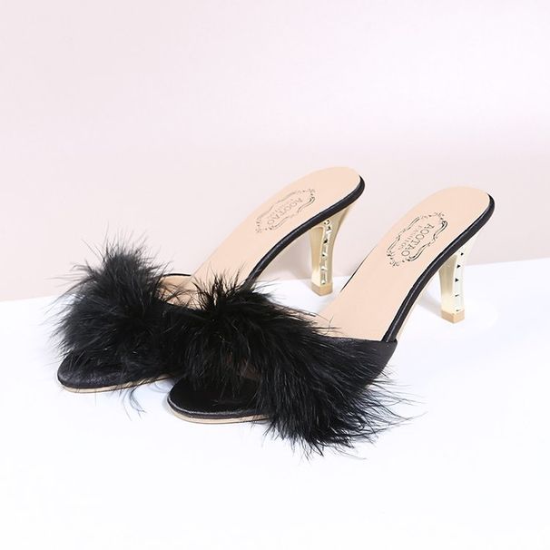 Slippers High-heeled Furry Fashion Slippers For Women, Foreign Trade, Large Size, Elegant Open-toe Sandals With_vogvips.com