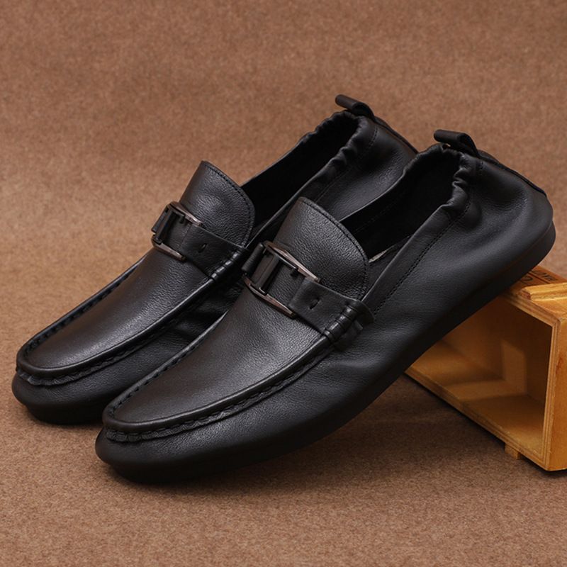 Summer Men's Lazy Leather Sh, Fashionable And Simple Flat Heel Loafers, Layered Cowhide Soft Soled Business Casual_vogvips.com