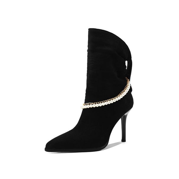 Stiletto Thin Autumn Winter New Chain Elegant High Heel Mid-Calf Pointed Toe Martin Women's Shoes Boots_vogvips.com