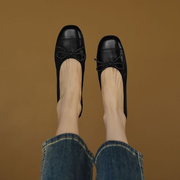 Cowhide Version Retro Shallow Mouth Shoes For Women, Flat Bottomed Versatile Bowknot Evening Shoes, Super Soft Egg Roll Ballet Shoes_vogvips.com