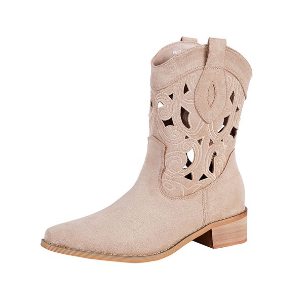 Women's Western Cowboy Boots Embroidery Hollow V Neck Knight Thick Heel Ethnic Style Retro Short Shoe_vogvips.com