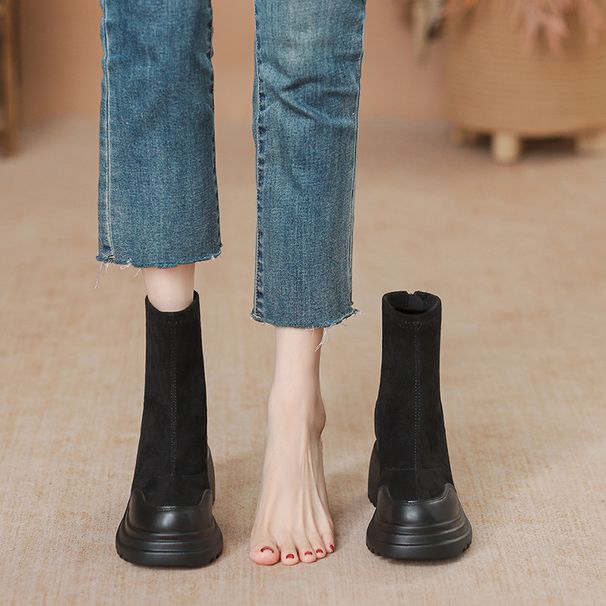 Petite Martin For Women 2024 Autumn Winter New Style Hidden Wedge Slim Thick Sole High Heel Stretch Short Boots_vogvips.com