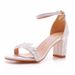 Women’s Shoes 7cm thick heel sandals shallow mouth one strap square heel buckle sandals white lace bride wedding shoes high heels_vogvips.com