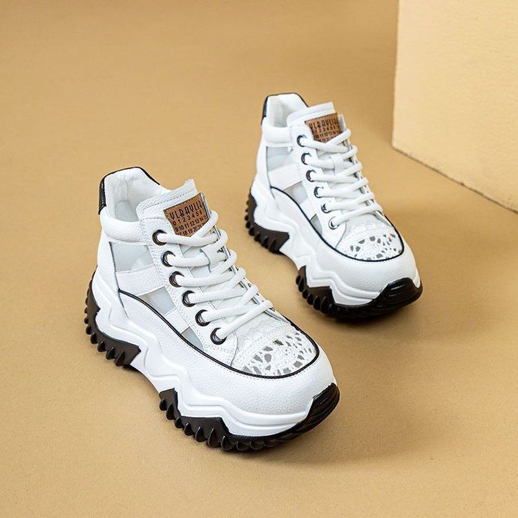 Platform Height-Increasing Dad For Women 2025 Summer New Lace-Up Fashionable Women's Shoes Color-Block Hollow Breathable_vogvips.com