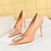 Women's shoes fine heels high heels shallow mouth pointed patent leather snake-print rhinestone buckle single shoes_vogvips.com