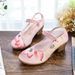 Mesh Square High Thick Heels, Summer Mesh, Embroidered Shoes, Sandals, Antique Style, Lotus Flower Women_vogvips.com