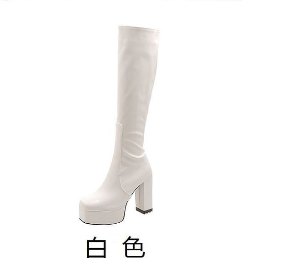 32-43 Autumn Square Toe Chunky Heel Platform Solid Candy Color Patent Leather Women's High Tube Long Boots W7_vogvips.com