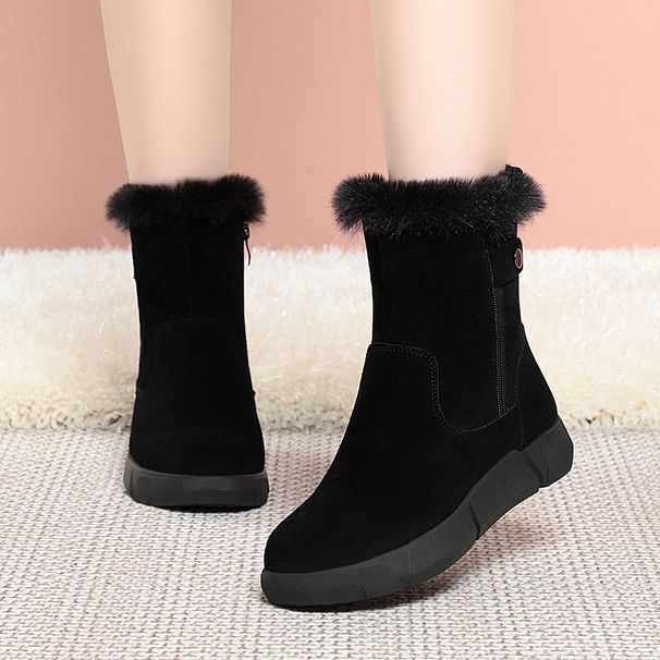 Snow Boots, Women's Fur Integrated, Winter Soft Leather Wool Cotton Shoes, Flat Bottom Anti Slip Cotton Boots With Thick Fleece And Warm Short Boots_vogvips.com