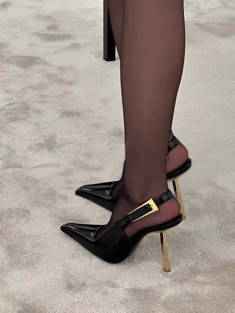 2024 Spring/Summer New Black Pointed High Heels For Women, Elegant Patent Leather Stiletto Sexy Metal Open Back Closed_vogvips.com