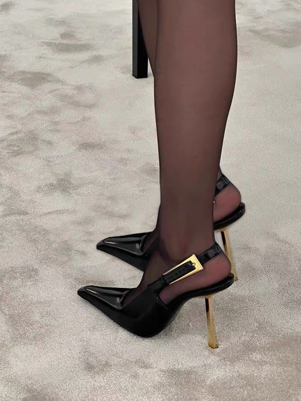 2024 Spring/Summer New Black Pointed High Heels For Women, Elegant Patent Leather Stiletto Sexy Metal Open Back Closed_vogvips.com