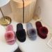 Furry With Pom-Poms, One-Word For Women, Plus Size Indoor Plush Flat Floor Slippers, Open-Toe Cotton Slippers_vogvips.com