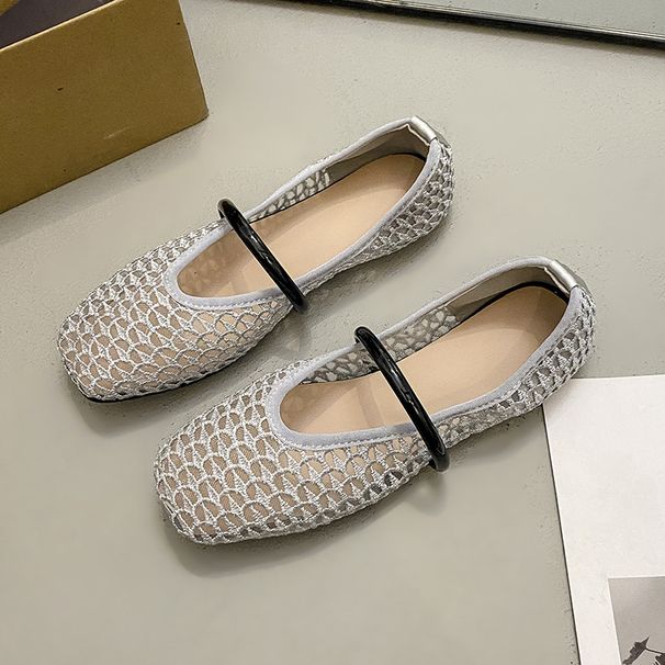 Single Shoes Women's Hollow Woven Breathable Fishing Net Gauze Flat Bottom Shallow Mouth French Mary Jane Sandals_vogvips.com