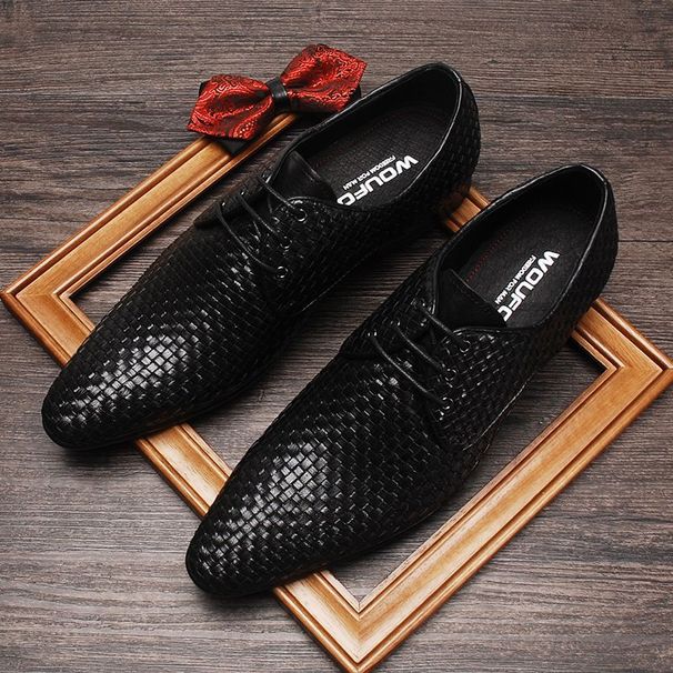 British Style Shoes For Men, Genuine Leather Pointed Toe Youth Trendy Woven Lace-up Business Formal Shoes, Breathable_vogvips.com