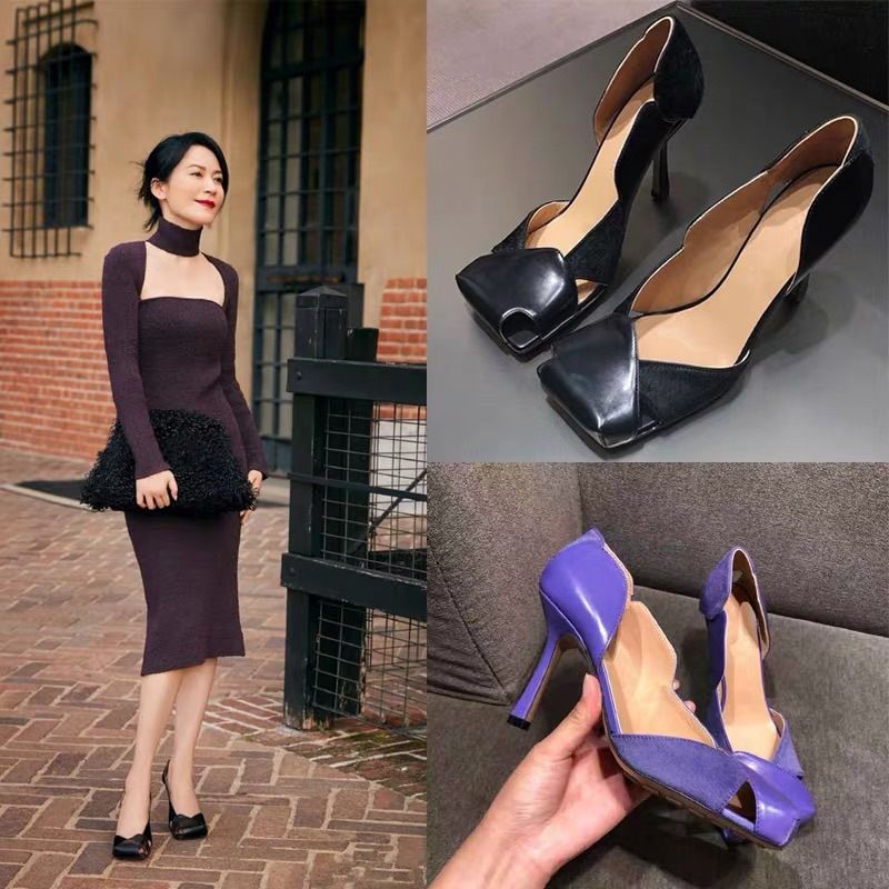Retro Square-toed High-heeled Elegant Purple Side-cut Sandals, Simple Horsehair Patchwork Stiletto Shoes, Popular Online_vogvips.com