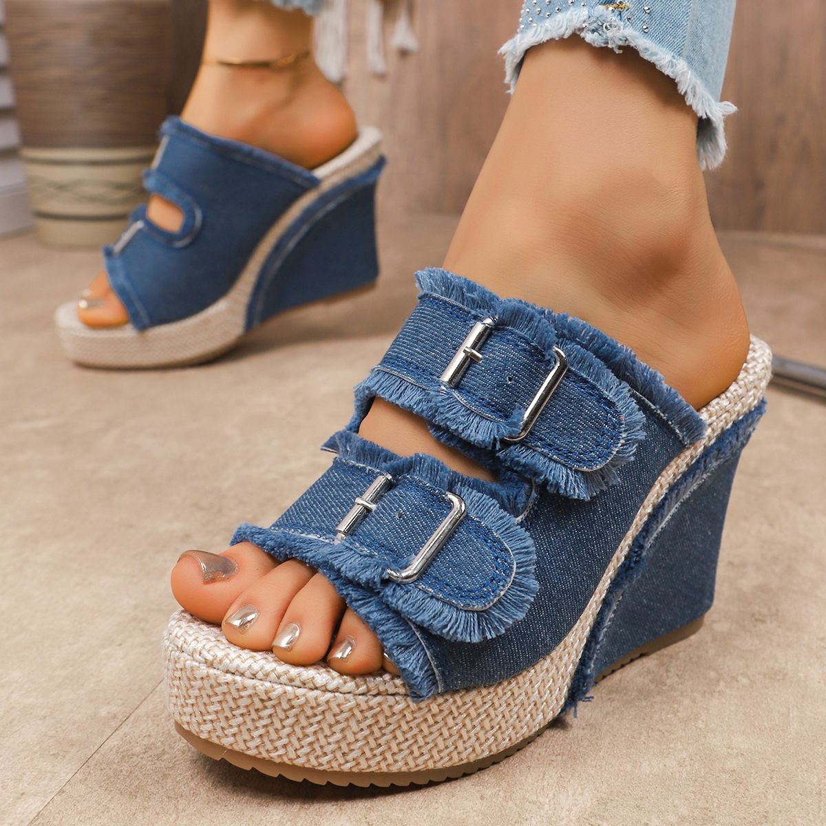 Women's Denim Wedge Sandals Open Toe Platform Buckle Sandals Plus Size_vogvips.com