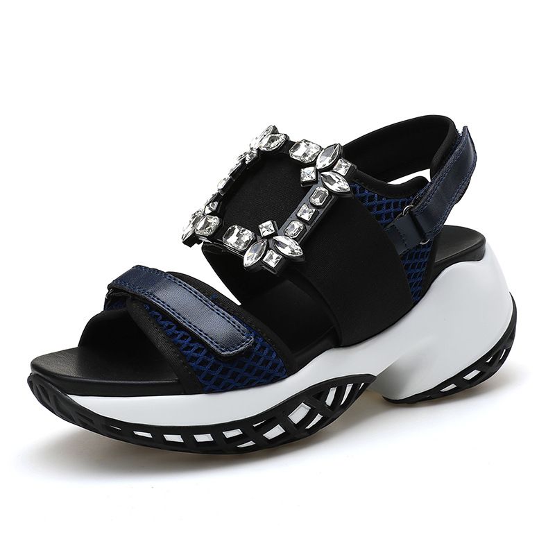 New Rhinestone Square Buckle Sandals Thick Soled Platform Shoes Velcro Sports Women's Shoes Genuine Leather Beach Shoes_vogvips.com