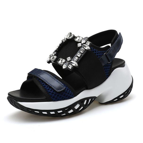New Rhinestone Square Buckle Sandals Thick Soled Platform Shoes Velcro Sports Women's Shoes Genuine Leather Beach Shoes_vogvips.com