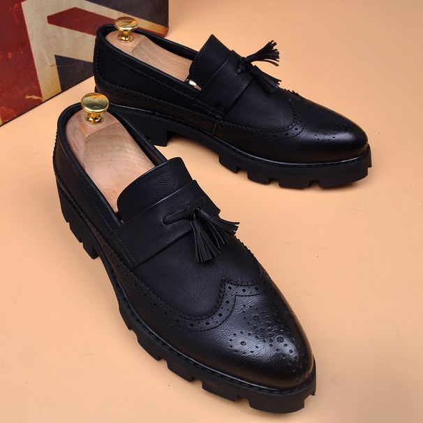 Euro Step New Brogue Carved Thick Sole Platform Breathable Tassel Trendy Leather Business Casual Height Increasing Men S_vogvips.com