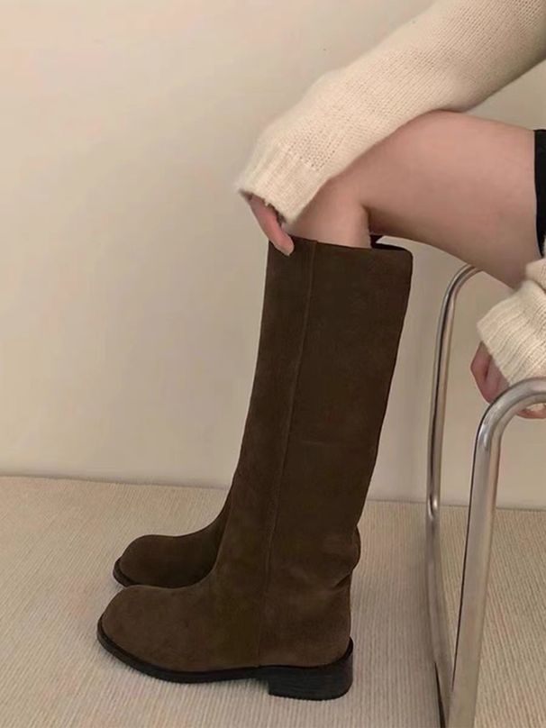 Cowhide Version ~ Genuine Leather Wide Western High Tube Riding For Women With Chunky Heels Suede Over-the-Knee Long_vogvips.com