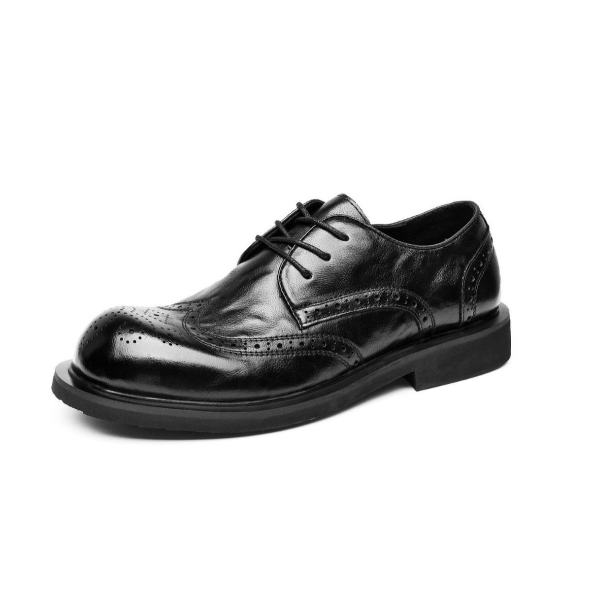 Genuine Business Formal Round Toe Leather Blok Carved Worn-out Low Top Trendy Shoes, British Style Men's Shoes_vogvips.com