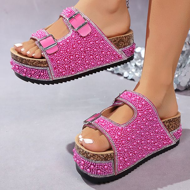 Plus Size Women's Cork Slippers Summer Style Thick Sole Belt Buckle Pearl Rhinestone Sandals_vogvips.com