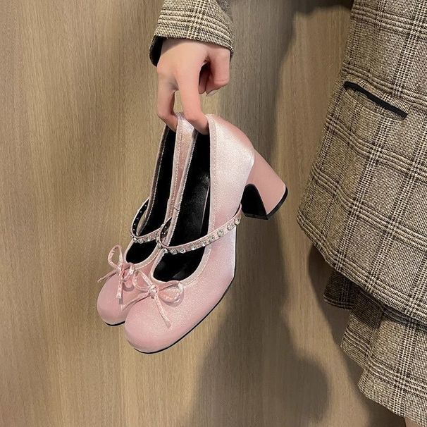 French Fairy-style Round-toe Bowknot Sho, New Spring And Autumn Dign With Rhintone Strap High-heeled Mary Jane_vogvips.com