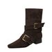 9625-1 Retro Style Western Square Toe Belt Buckle Mid Chunky Heel Suede Ankle Fashion Short Mid-Calf Women's Boots_vogvips.com