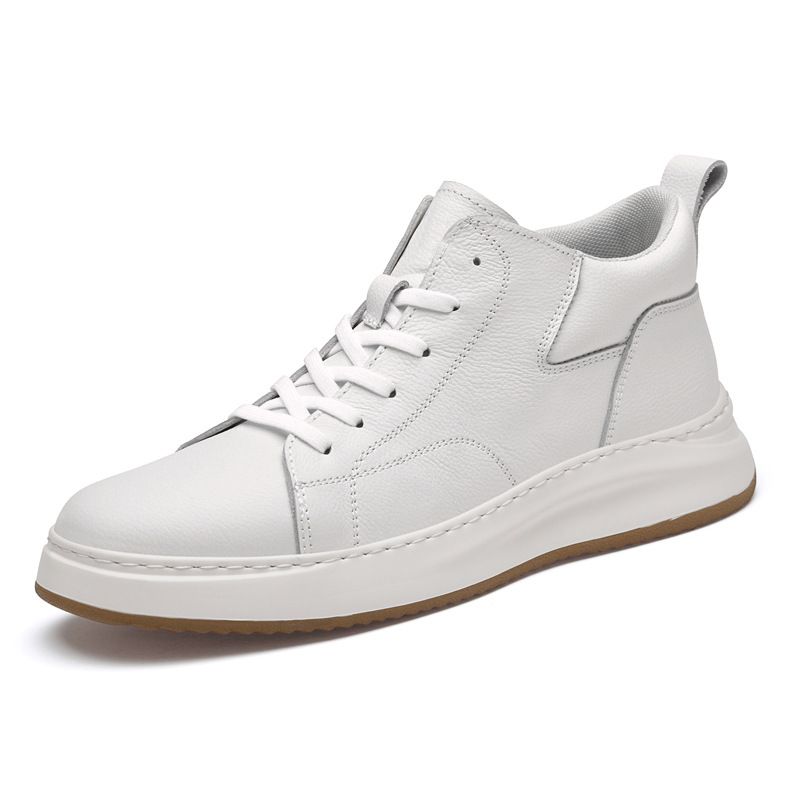 First Layer Cowhide Board Shoes Men's Genuine Leather Casual Breathable Leather Shoes Men's Thick-soled Medium-top White Shoes Men_vogvips.com