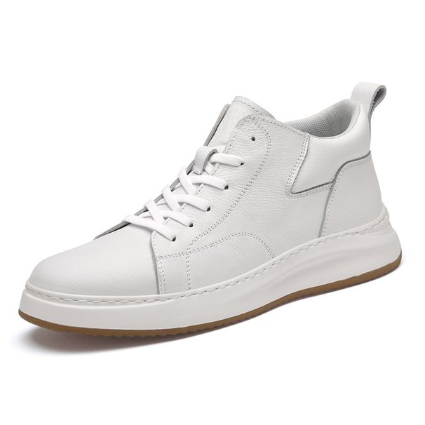 First Layer Cowhide Board Shoes Men's Genuine Leather Casual Breathable Leather Shoes Men's Thick-soled Medium-top White Shoes Men_vogvips.com