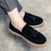 Euro Step Men's Loafers With Tassels, Slip-On Lazy For Autumn, Versatile Korean Style, Suede Leather, Chef Work Driving Shoes_vogvips.com