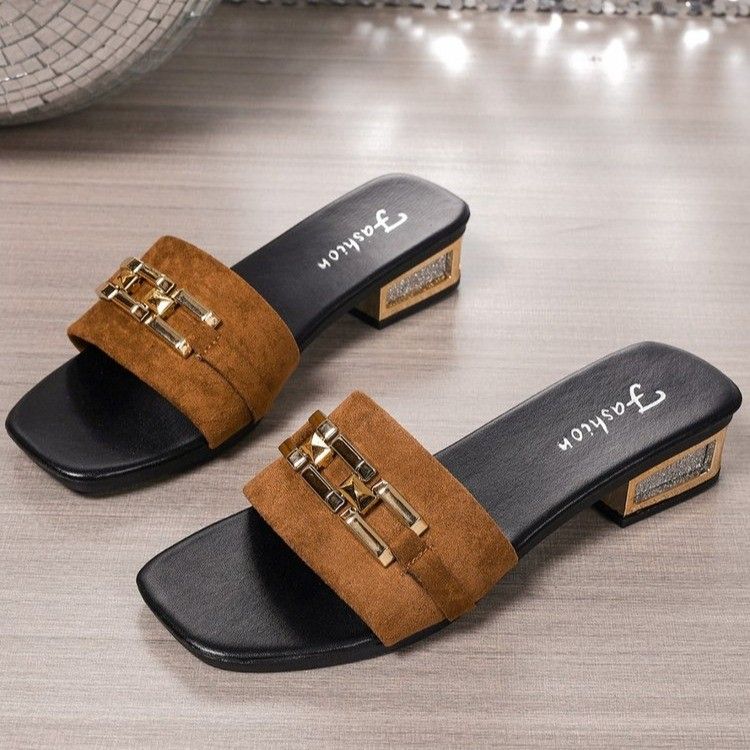 Women's Chunky Heel Slippers Square Toe Chain Low Heeled Shoes plus Size New Summer Style_vogvips.com
