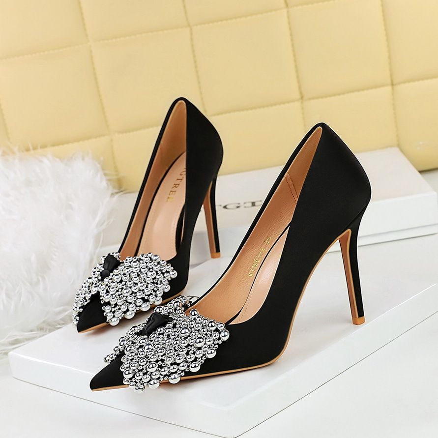 Bow Single Shoes Thin Heel Super High Heel Satin Light Luxury Pointed Head Shallow Mouth High Heel Single Shoes_vogvips.com