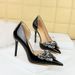 638-H23 Ultra High Heels Banquet Women's Thin Heels, Lacquer Leather, Shallow Mouth Pointed Water Diamond Bow Tie Single_vogvips.com