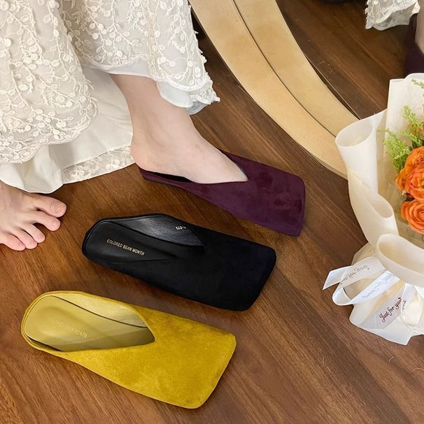 Women's Shoes Closed Toe Half Slippers, New Autumn/winter Style, Niche Design, Square Toe, Velvet, Casual, Versatile, Soft Soled Mules._vogvips.com