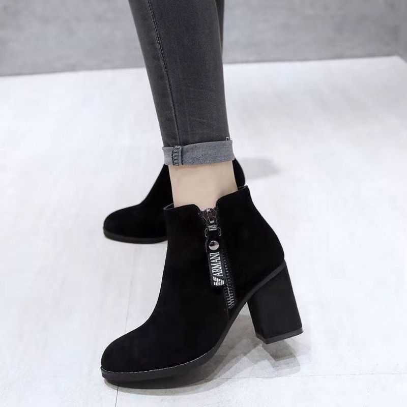 2023 Women's Short Spring And Single Boots High Thick Heels Cotton Winter Black Shoes Autumn_vogvips.com