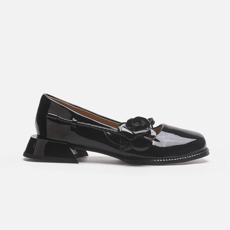 Rose Square Toe Mary Jane Shoes Retro Patent Leather One Strap Thick Heel Flat Shoes Women's Medium Heel Small Leather Shoes_vogvips.com