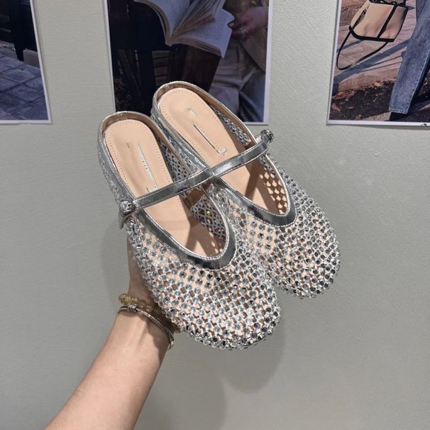 Half-strap Mary Jane Closed-toe Mules For Women, 2026 Summer New Stylish Rhinestone Fishnet French Sandals_vogvips.com
