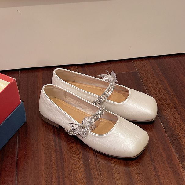 French Square Head Single Shoes Women's Spring Bow Rhinestone Word With Flat Soft Sole Evening Breeze Mary Jane Shoes_vogvips.com