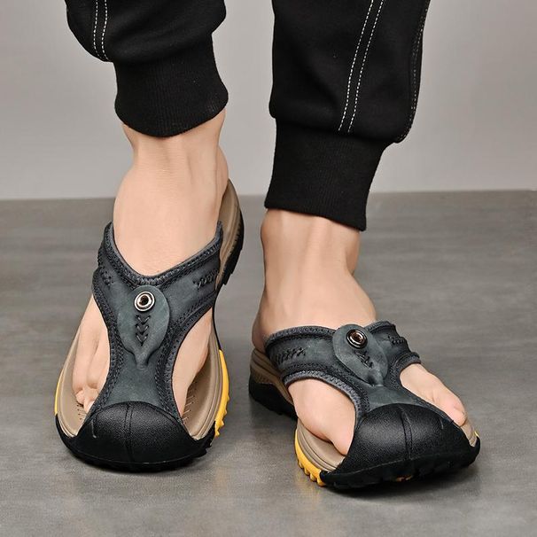 Fashion Classic Four Seasons Top Layer Cowhide Large Size Herringbone Outdoor Room Men's Cool Slippers_vogvips.com