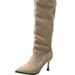 Women's Pointed Toe High Heel Knee High Boots With Belt Buckle Wrinkle Detail Stretch Slim Fit Stacked Boots Stretch Fleece Slimming Boots_vogvips.com