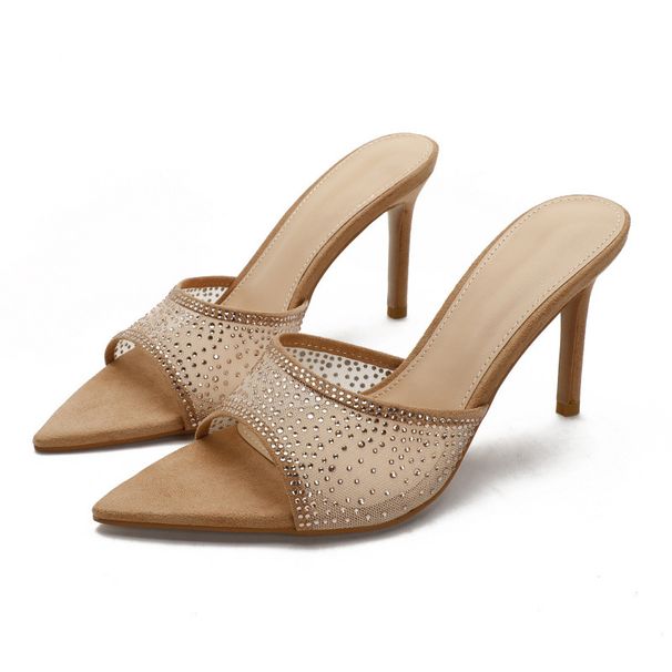 Summer Women's Stunning Thin Rhinestone Heel Slippers To Match Dresses Pointed Toe High Heels Fashionable And_vogvips.com