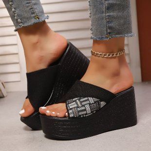Wedge Slippers Women Wear Thick Soled Fish Mouth Lady Slippers Contrast Color Women's Shoes_vogvips.com
