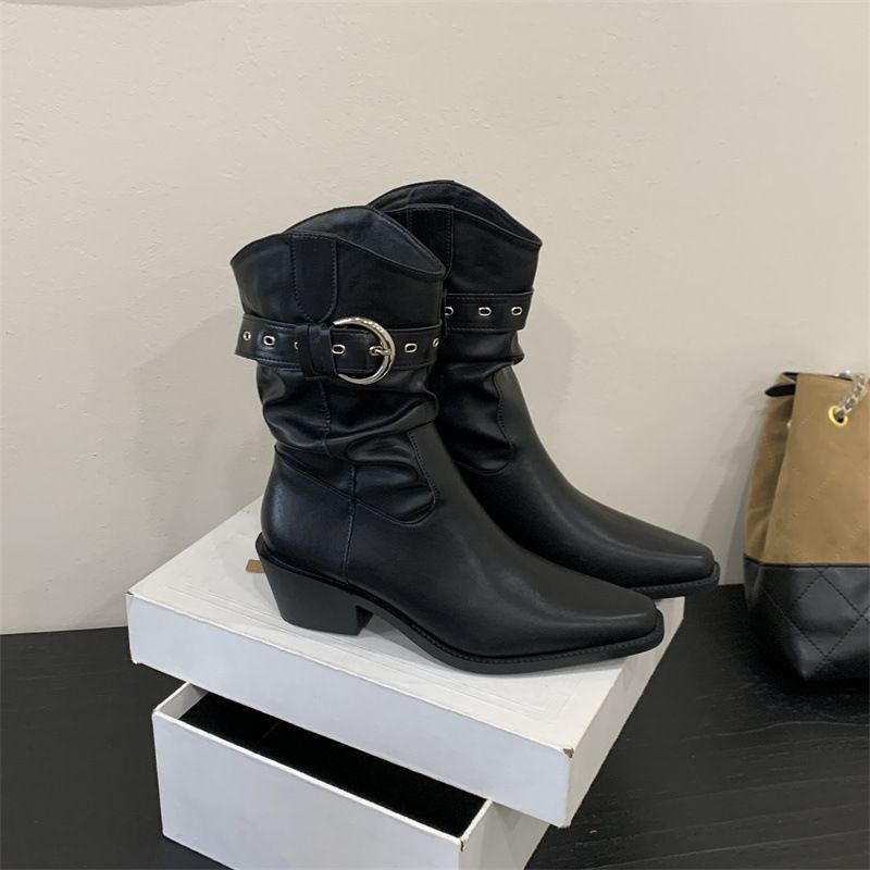 Mitig Kight Poited Toe Chuky Heel Buckle Pleated Stack New Autum/Witer Vitage Wester Cowboy Akle Boots For_vogvips.com